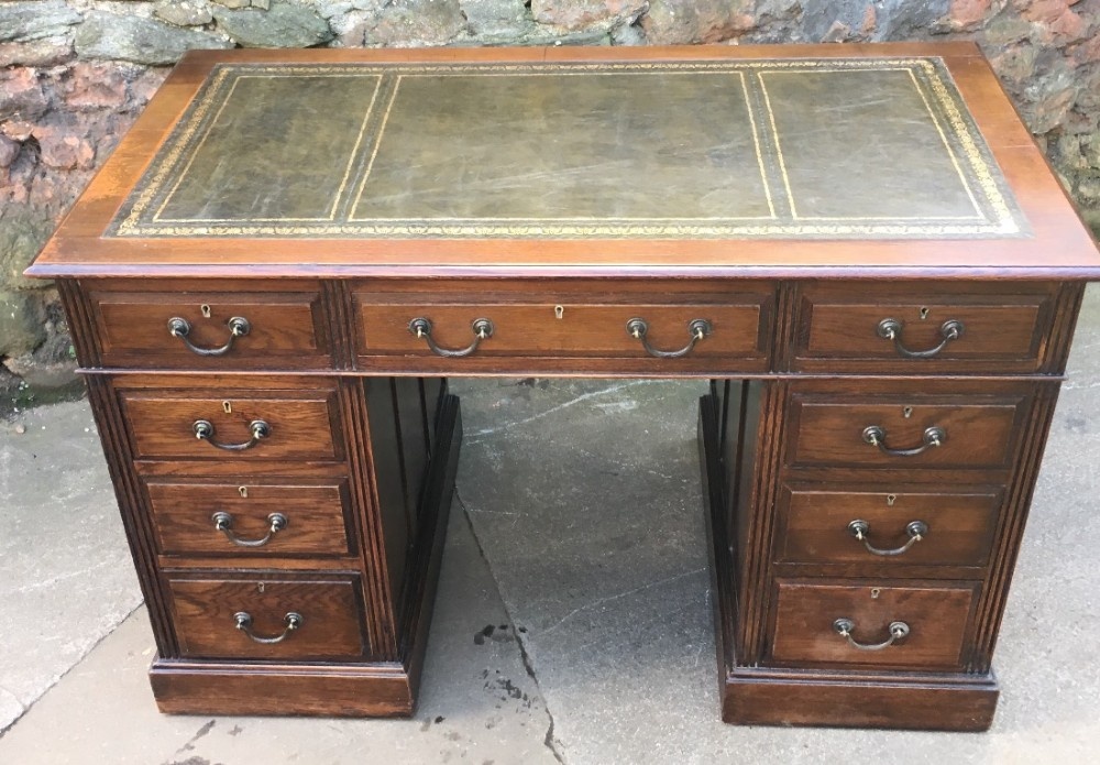 Solid Oak Pedestal Desk With Green Tooled Leather Insert 463919