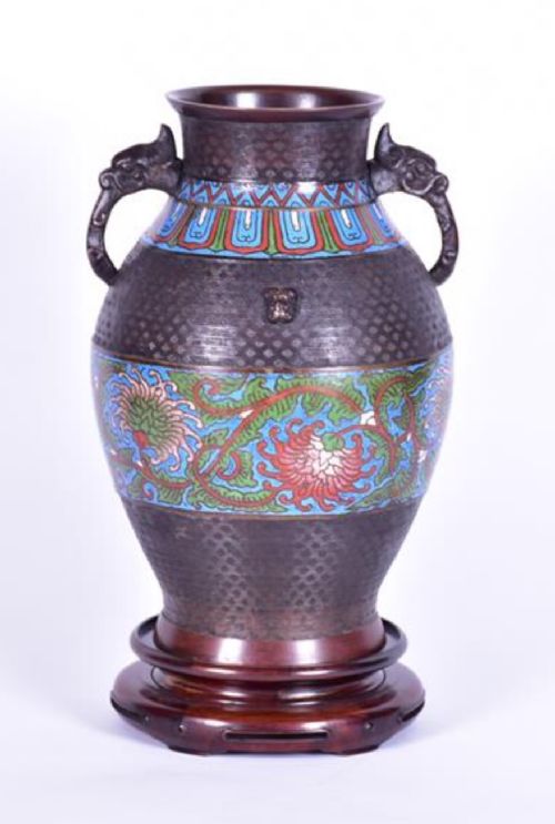 a large chinese bronze champleve twin handled vase