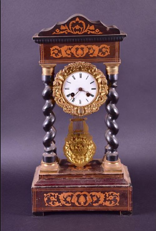 c19th inlaid french portico mantel clock