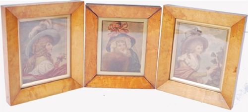 three maple framed fashion prints of ladies wearing hats c18th