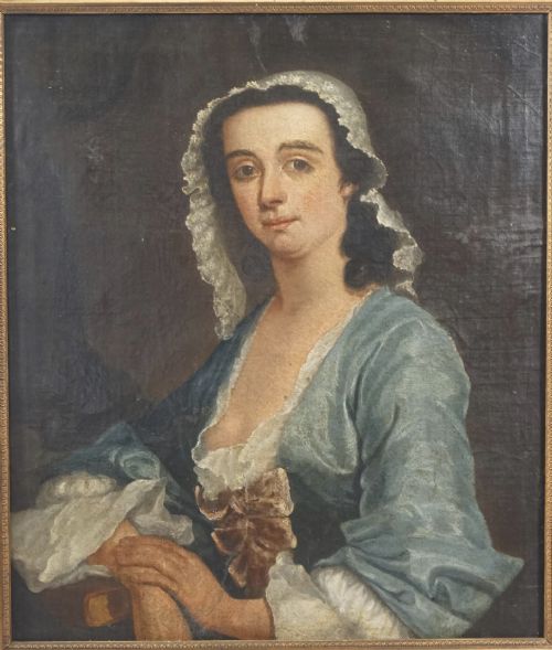 c18th portrait of a lady in a blue dress and wearing a white bonnet