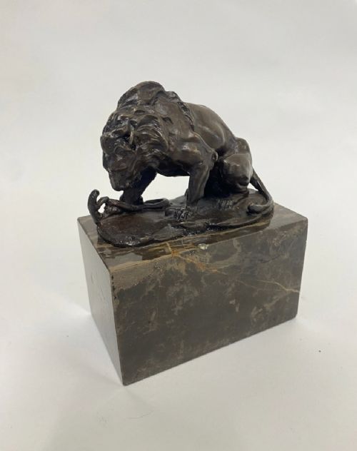 lion and serpent bronze sculpture after louis carvin 18751951 on marble base