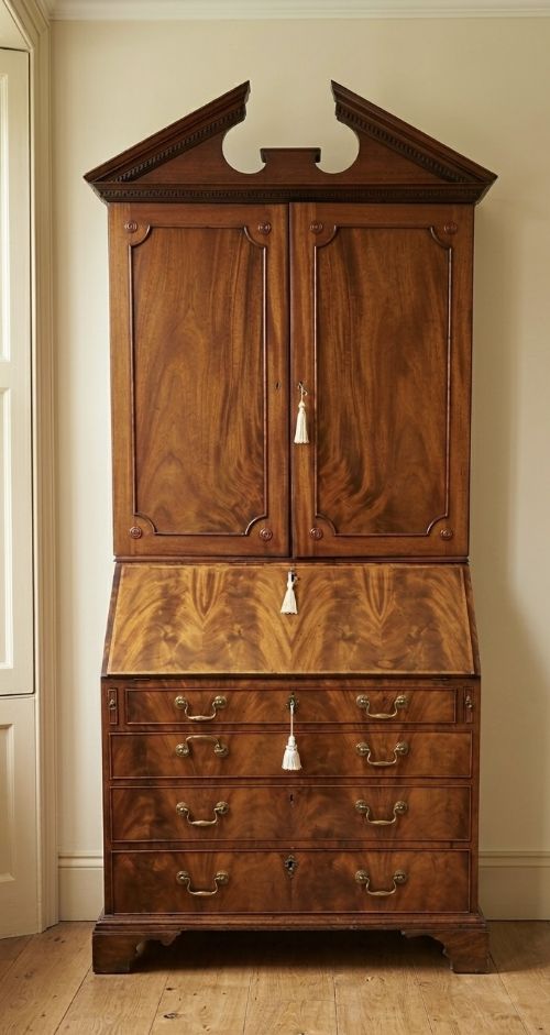 c18th bureau cabinet bookcase with pediment top