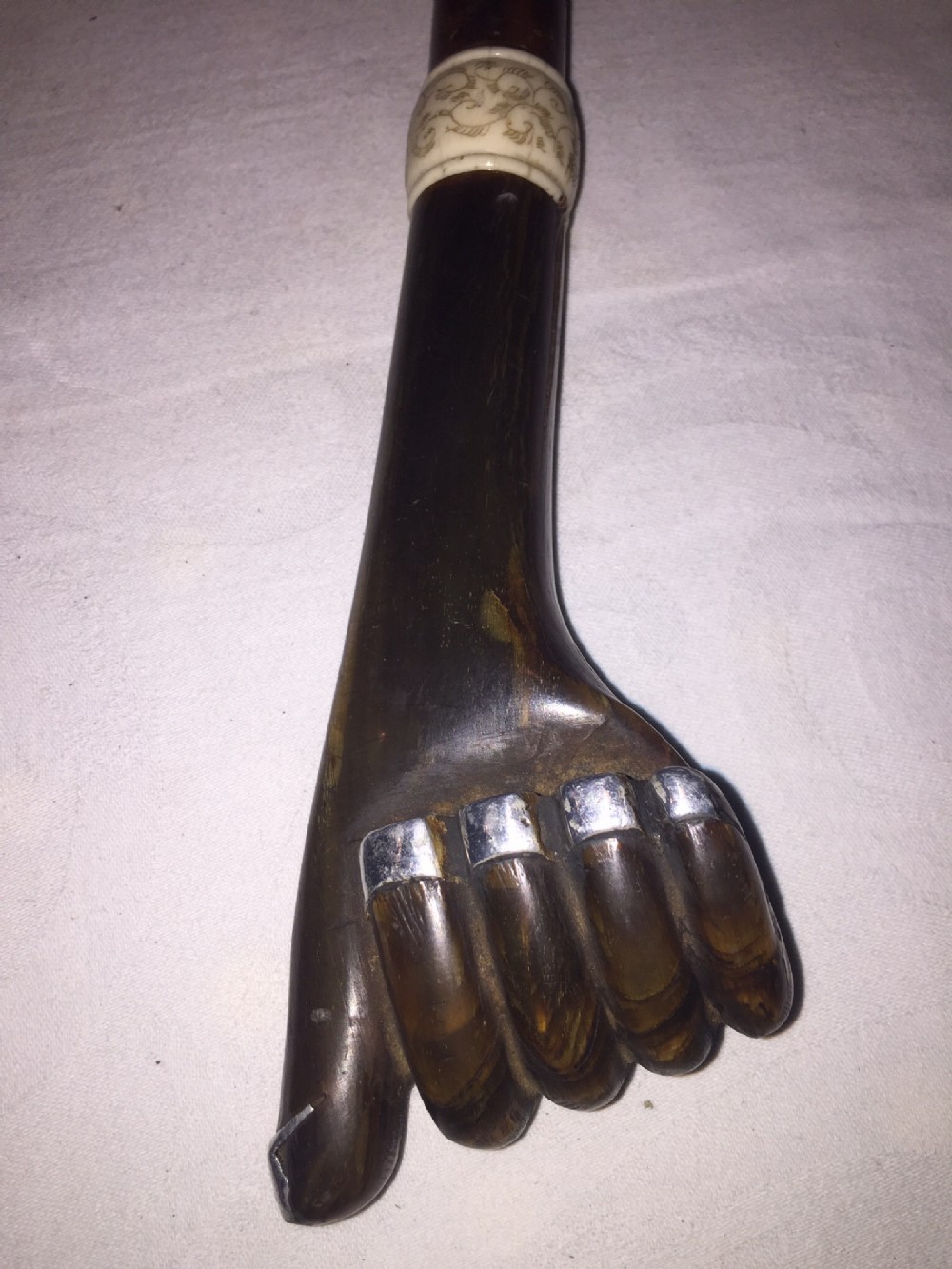 c19th novelty horn handled walking stick modelled as a hand