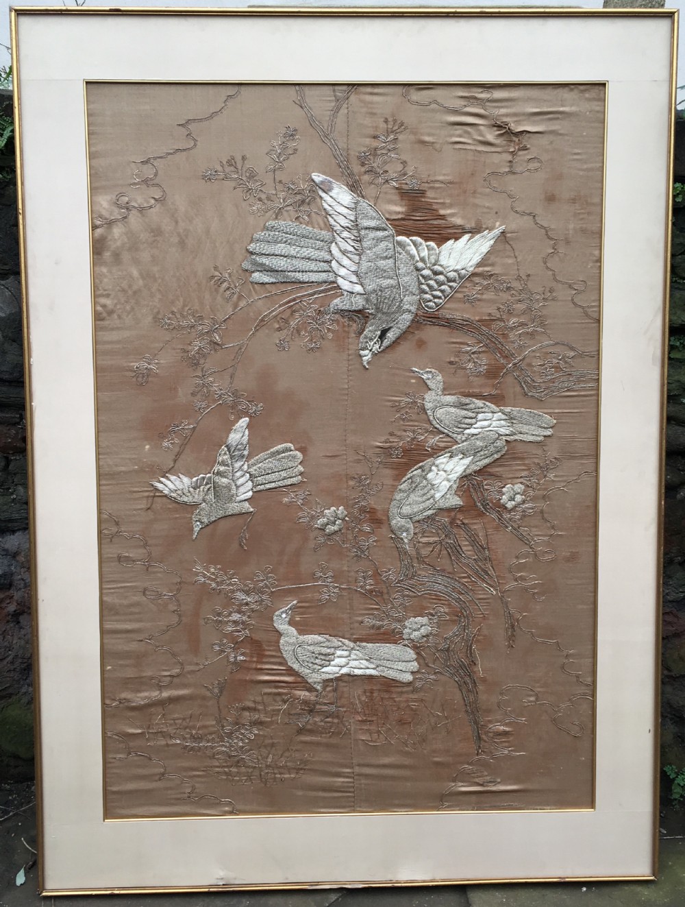 large chinese wall hanging in silk and silver thrread