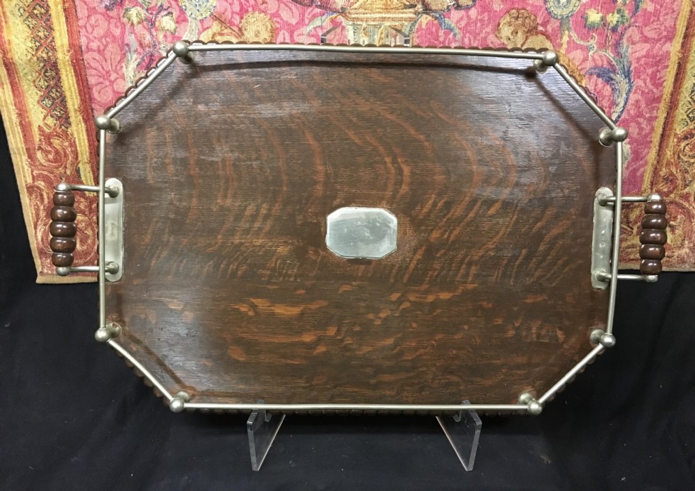 edwardian oak and silver plated galleried tray
