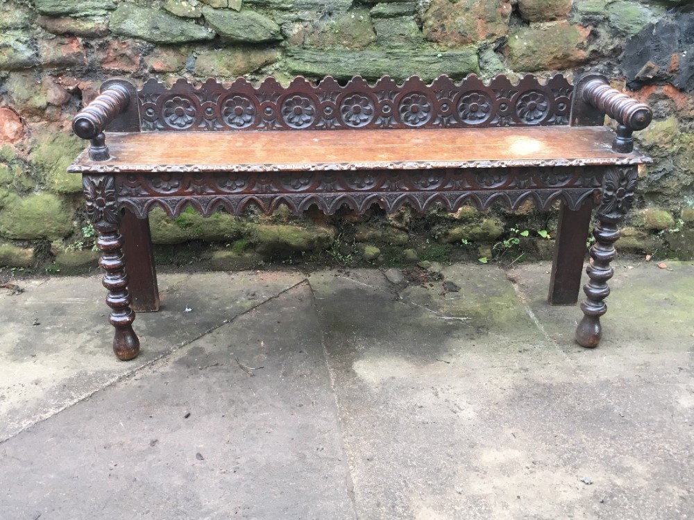 c19th carved oak window seat hall bench