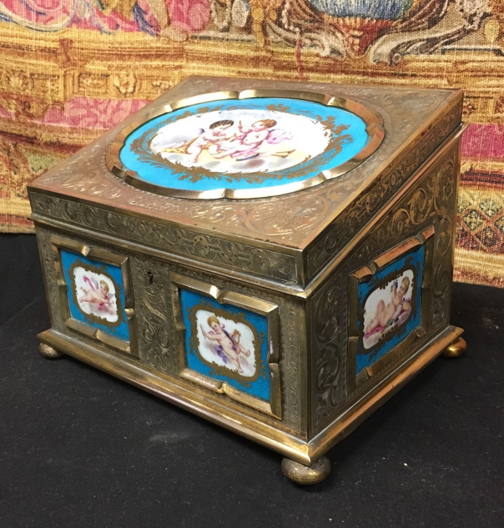 c19th gilt brass and beau celeste panelled stationery box