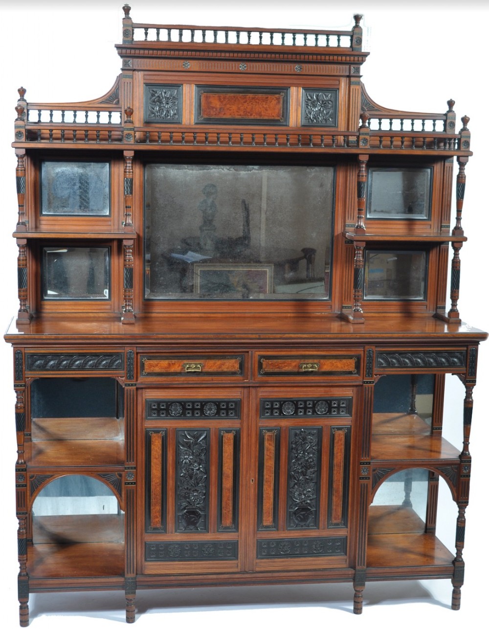 c19th aesthetic movement display cabinet in walnut ebony and thuya wood