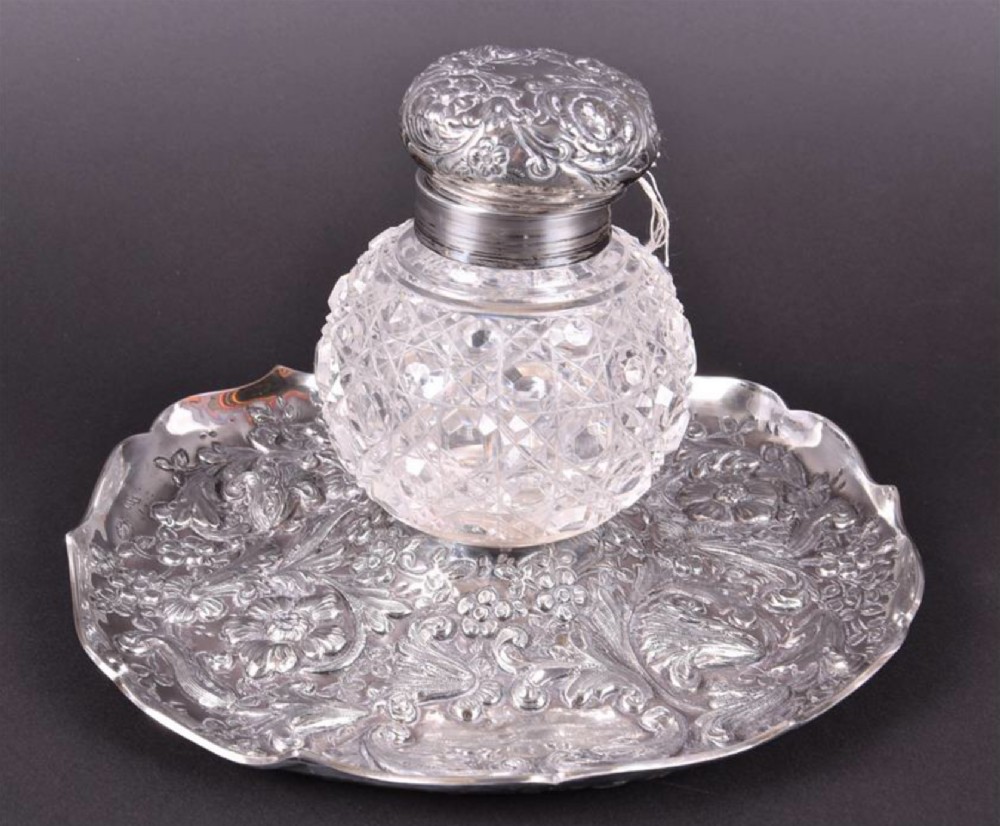 a c19th hm silver and cut glass inkwell and dish