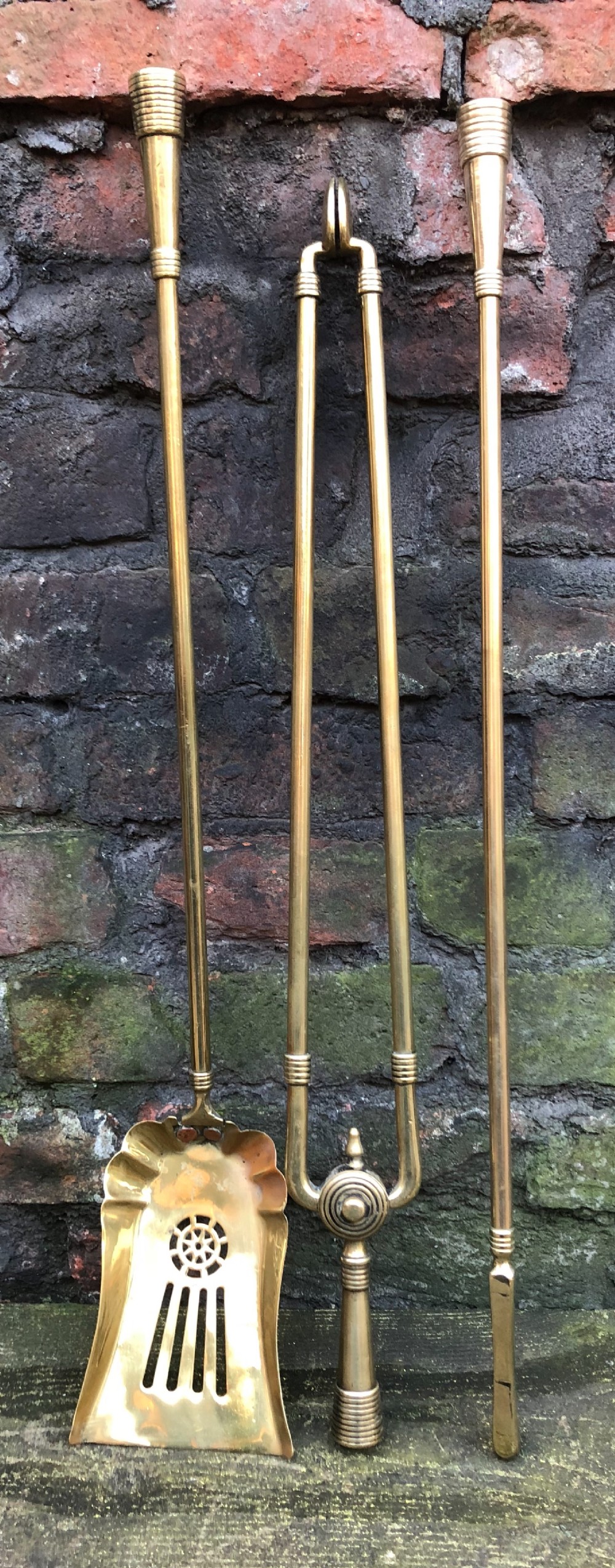 set of aesthetic movement brass fire irons