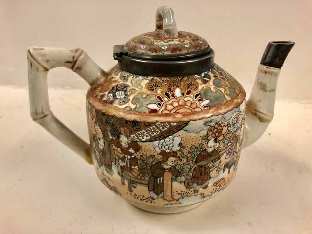 japanese satsuma teapot with english silver hm hinge and spout c1888