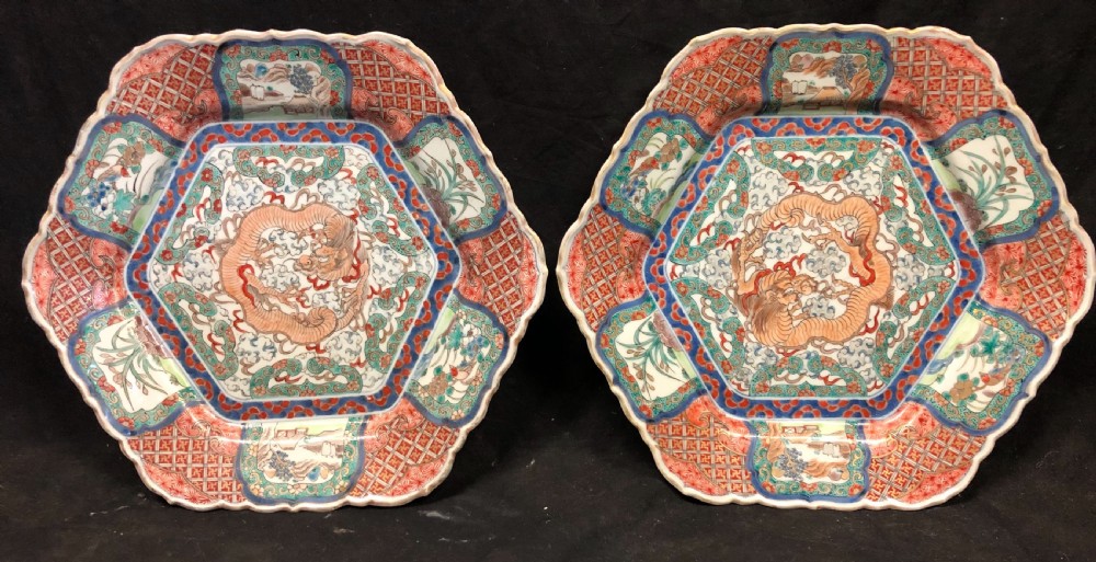 c19th pair of japanese imari plates of hexagon form