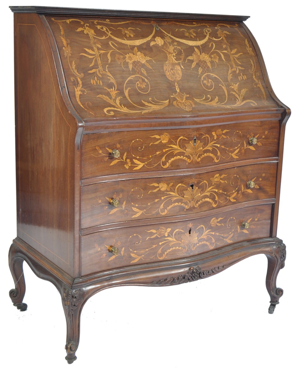 c19th inlaid mahogany serpentine bureau