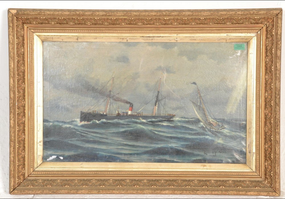 a large c19th oil on canvass of a steamer ship