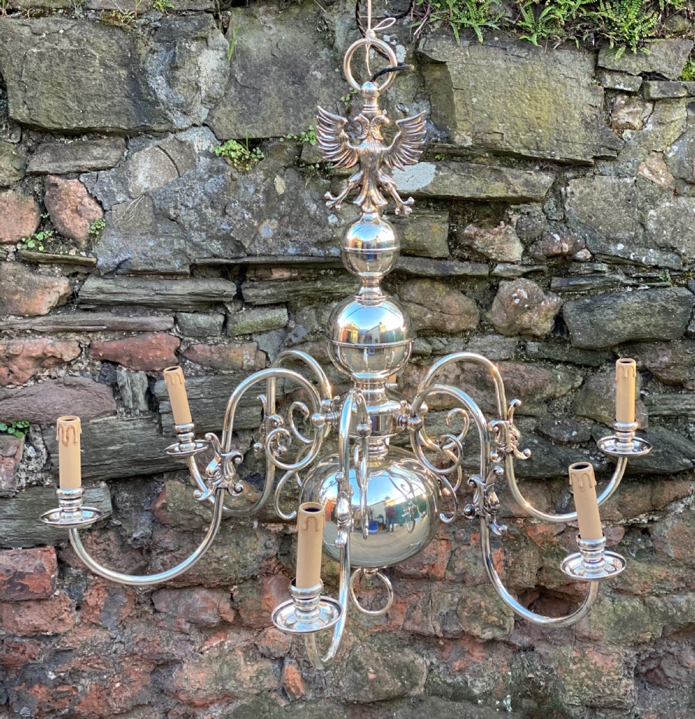 a large silver plated dutch brass 6 armed chandelier