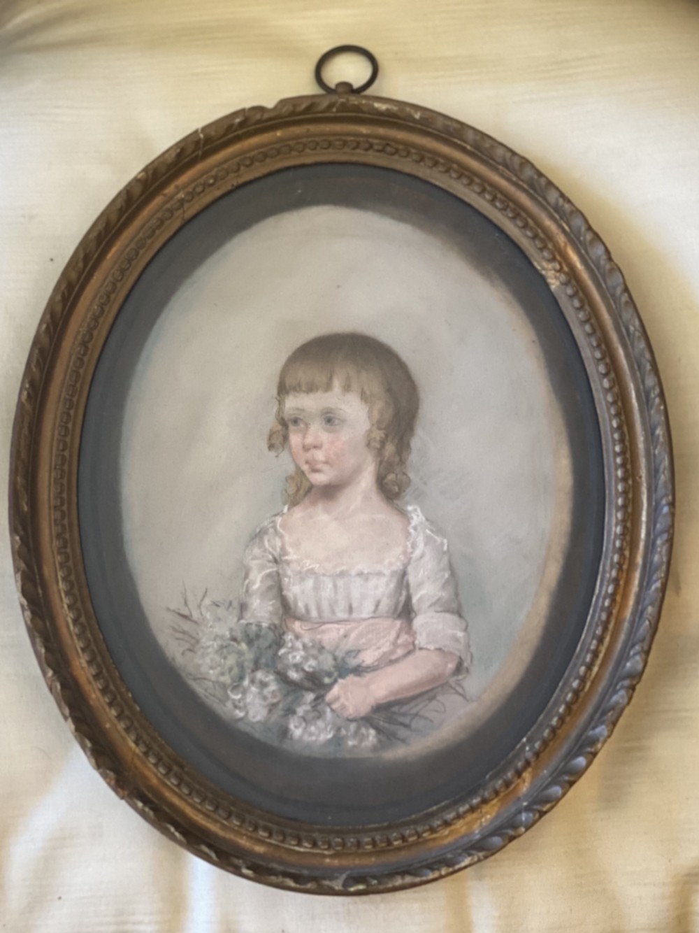georgian pastel portrait of a child in original giltwood oval frame