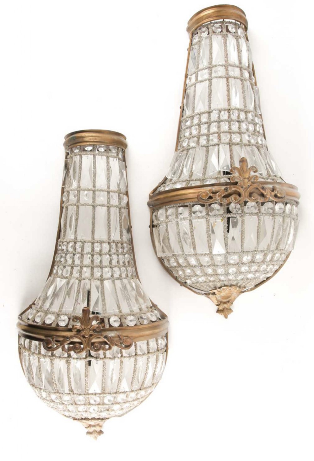 pair of large cut glass bag form wall lights