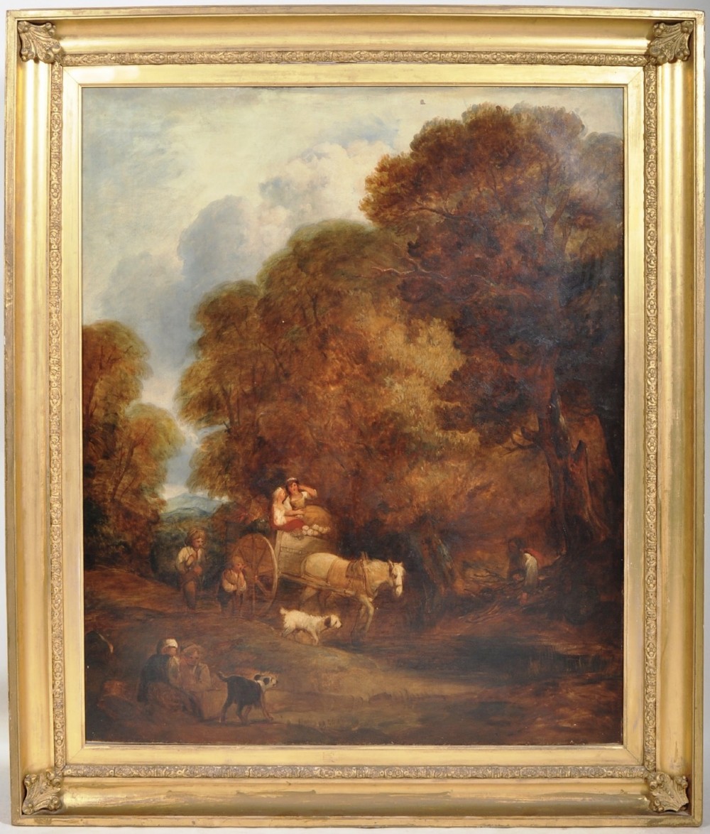 very large c19th oil painting in gilded frame of rustic scene