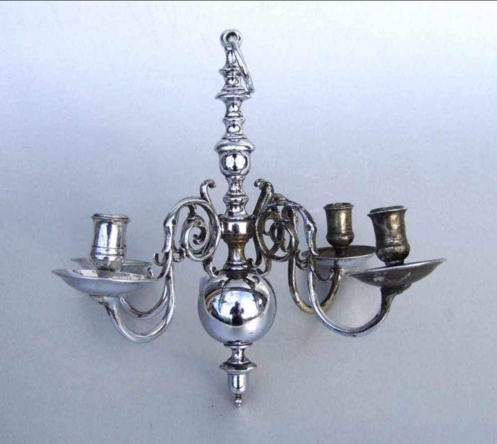 c19th small brass silver plated hanging dutch style candelabra ceiling light