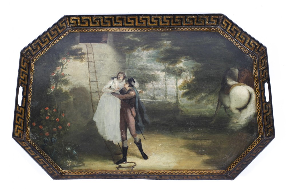 c19th toleware tray with hand painted scene