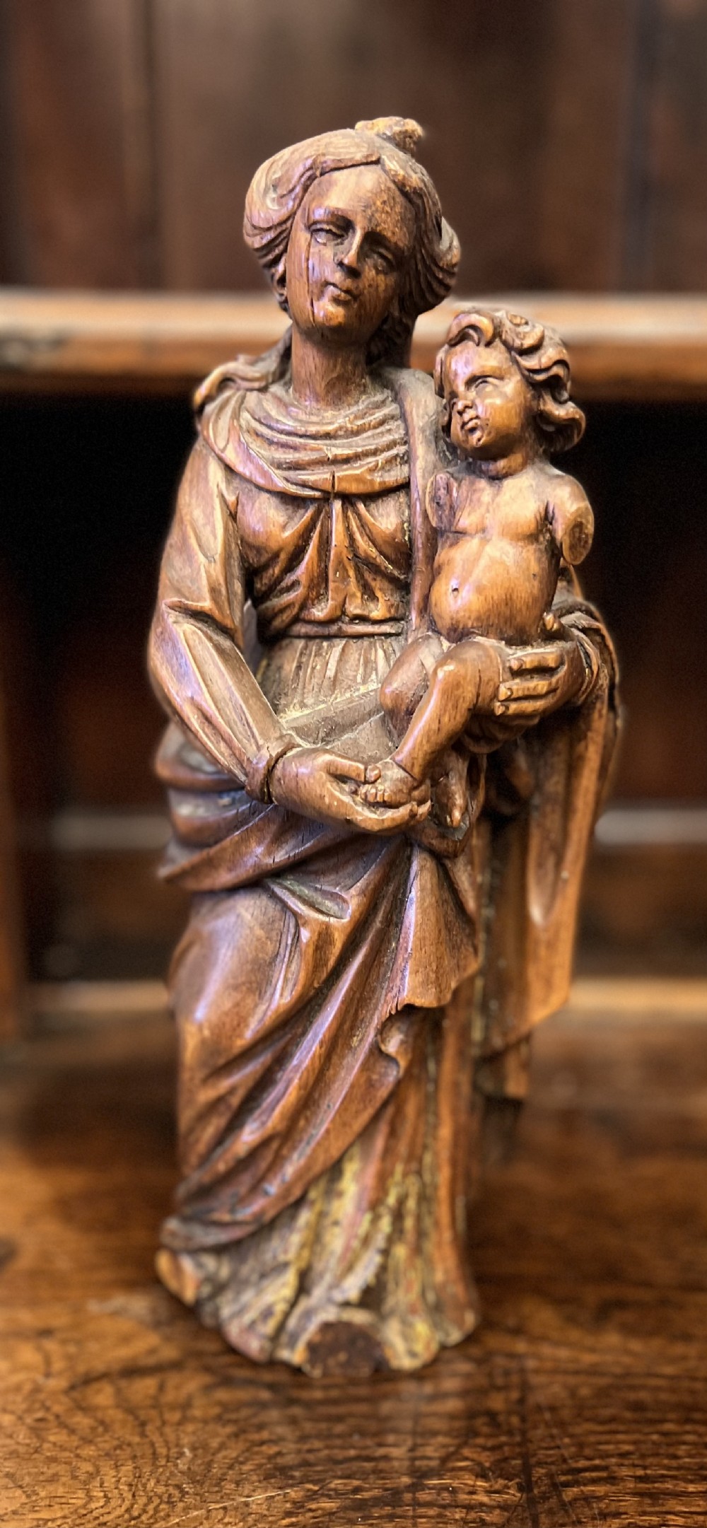 c18th lime wood carved figure of madonna and child