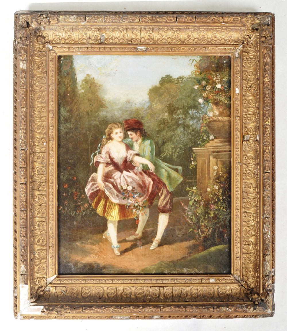 c19th oil painting on canvas of a courting couple