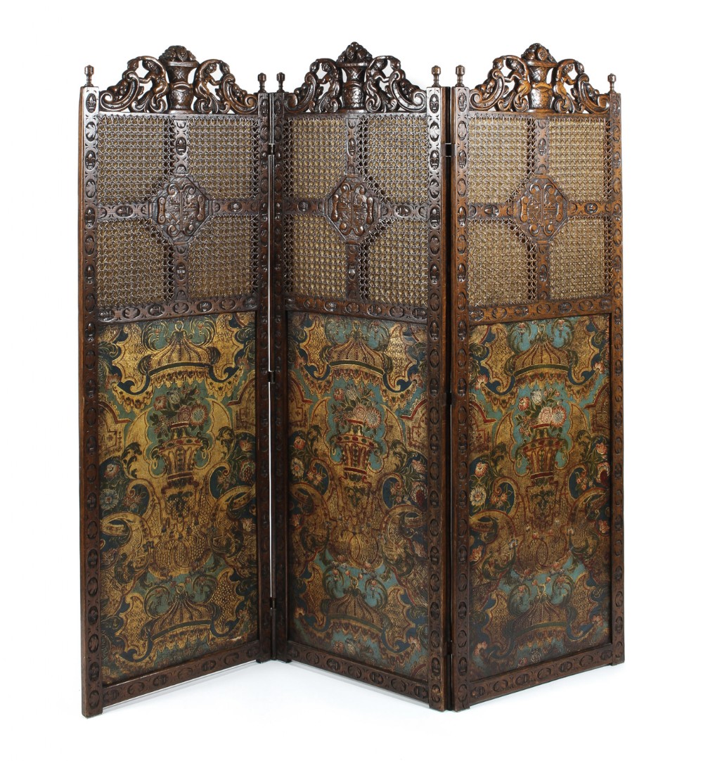 c19th oak and tooled leather room divider in tooled leather and carved
