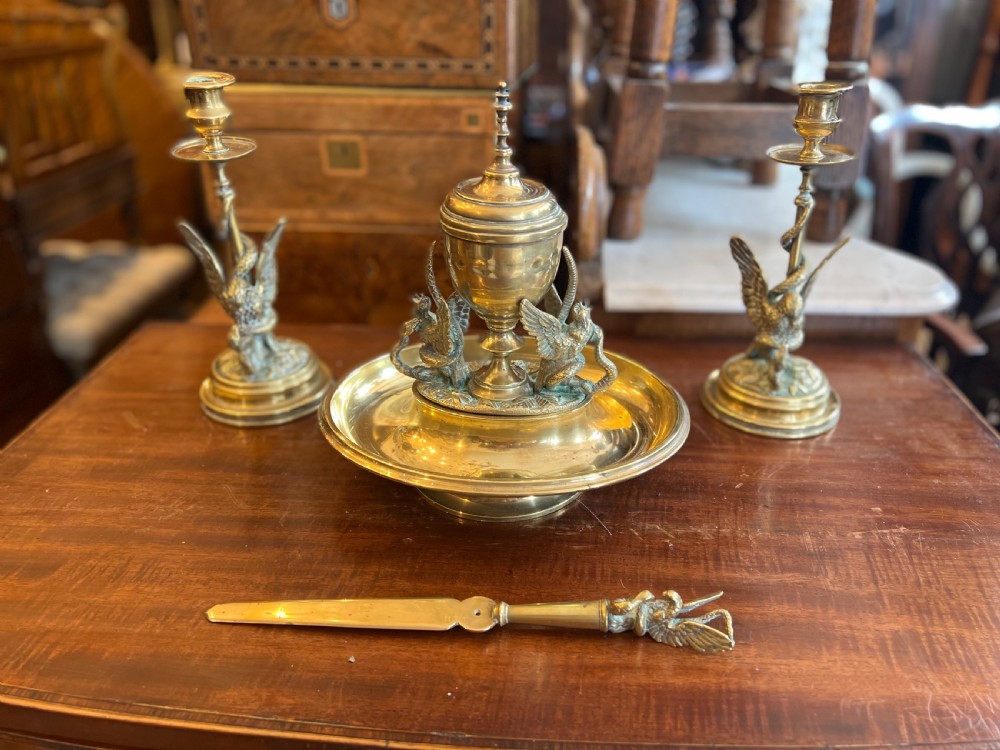 c19th desk set including inkwell candlesticks and letter opener