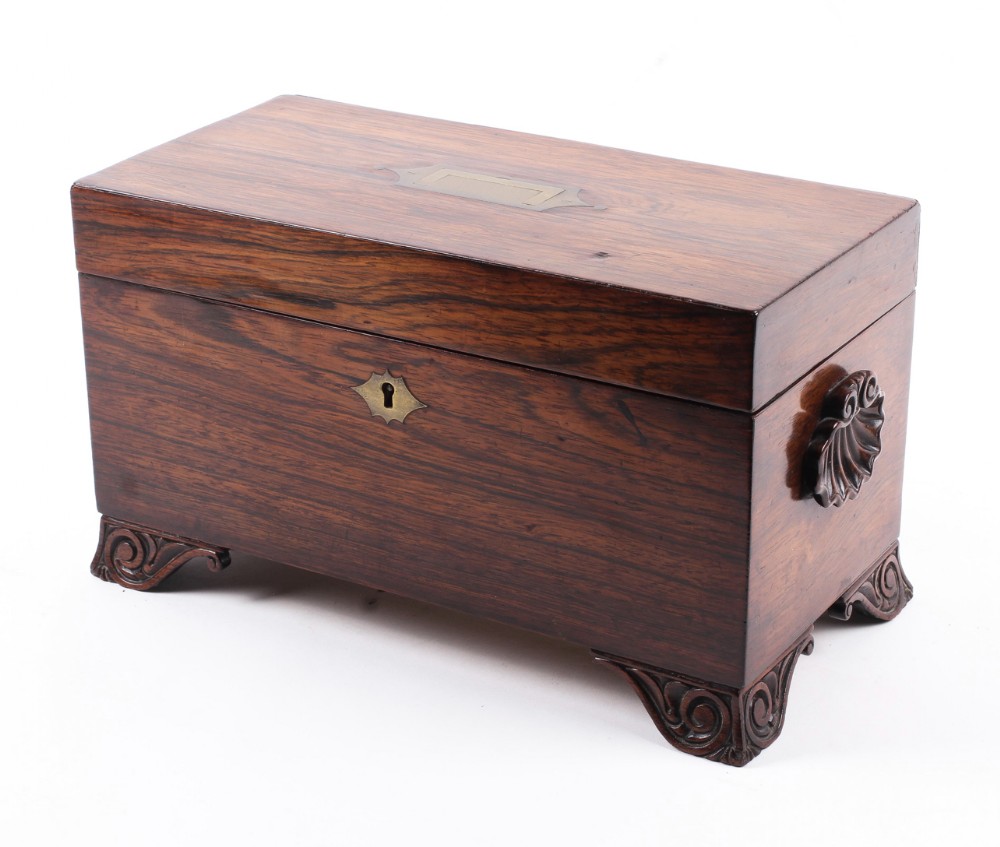 c19th rosewood tea caddy with carved features