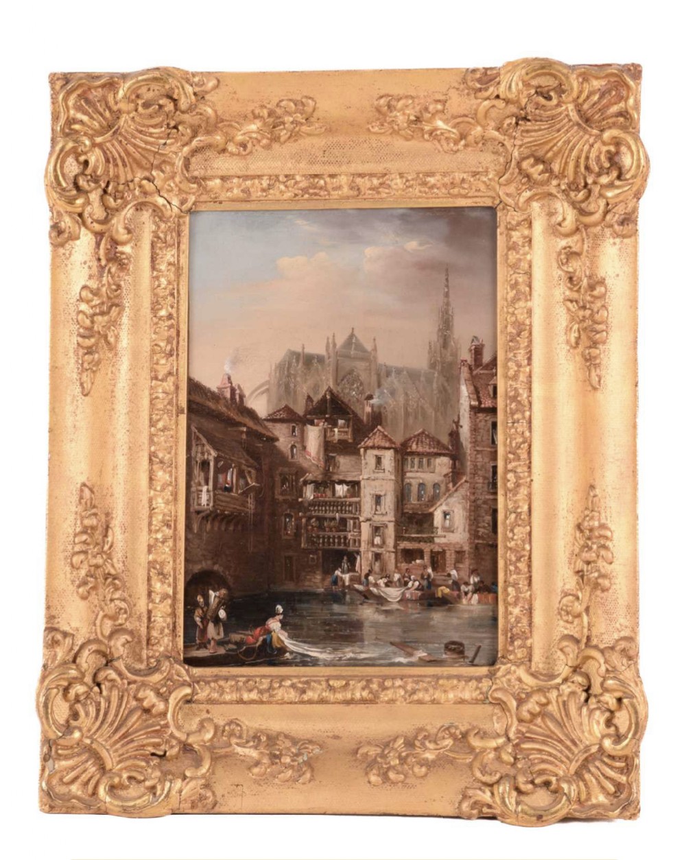 c19th small oil painting in gilt frame showing washing in the seine