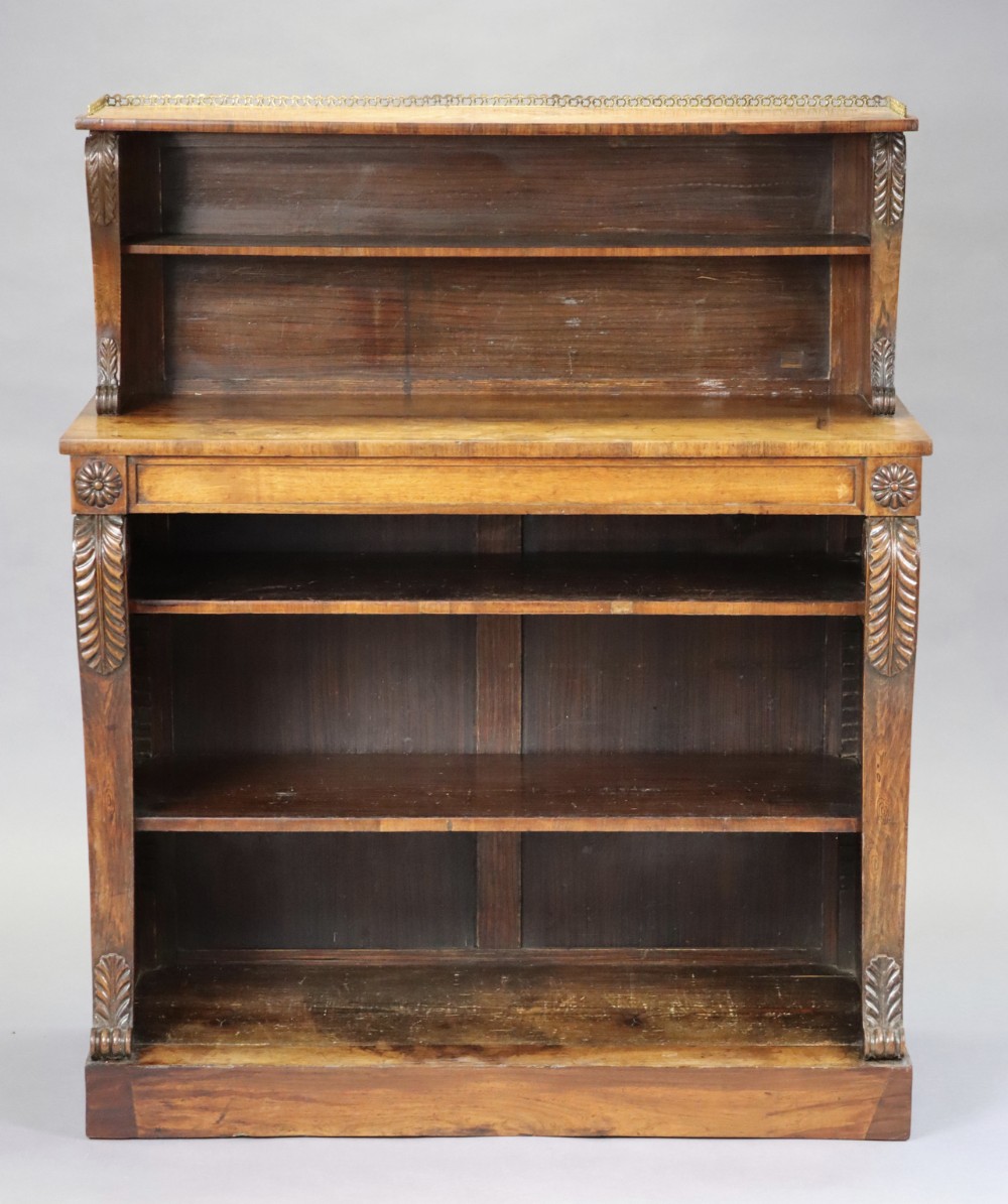 regency rosewood open bookcase with carved details and brass gallery