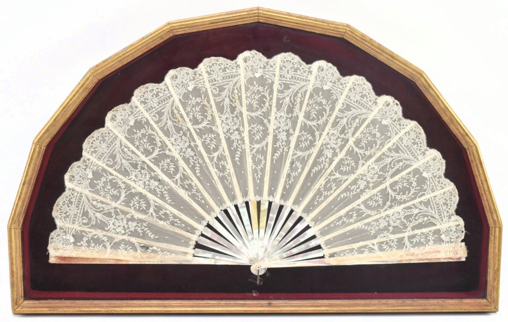 large framed c19th mother of pearl and lace fan