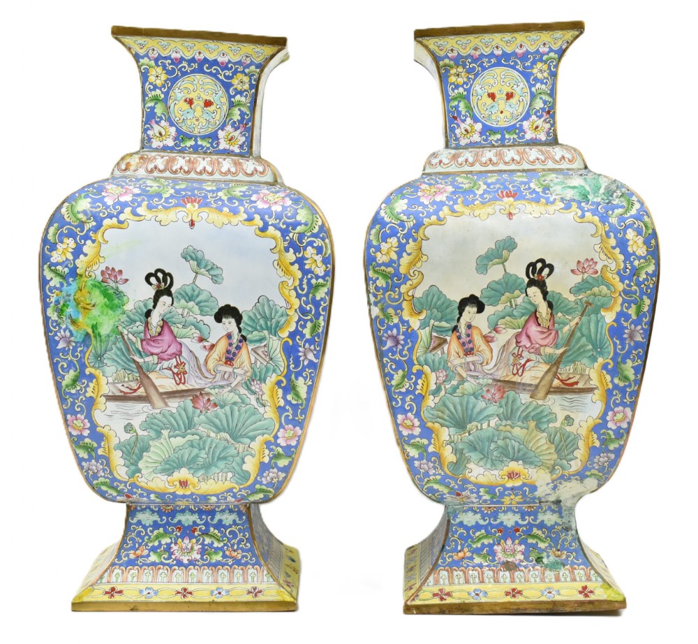 pair of large cantonese enamel decorated vases
