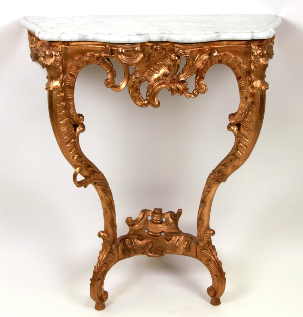 c19th french giltwood serpentine console table with marble top