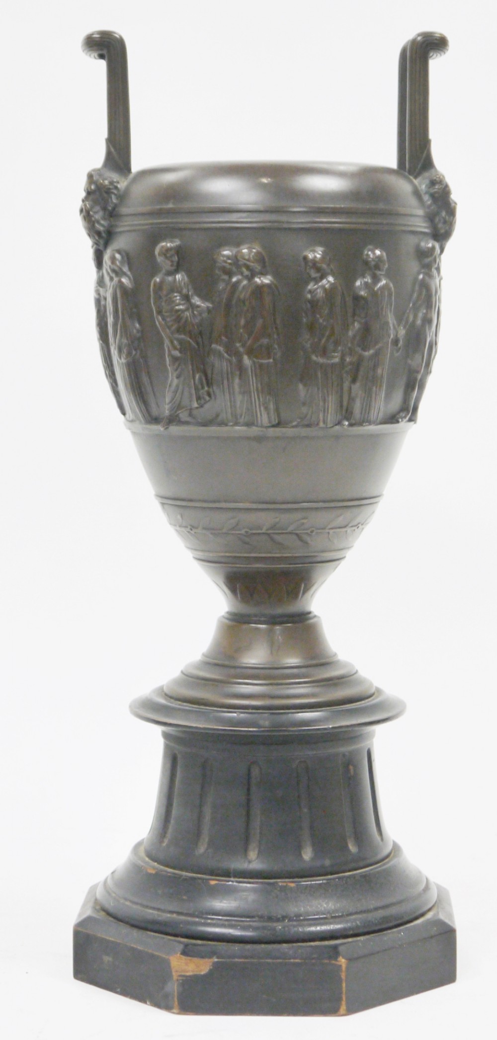 c19th grand tour bronze urn on wooded pedestal