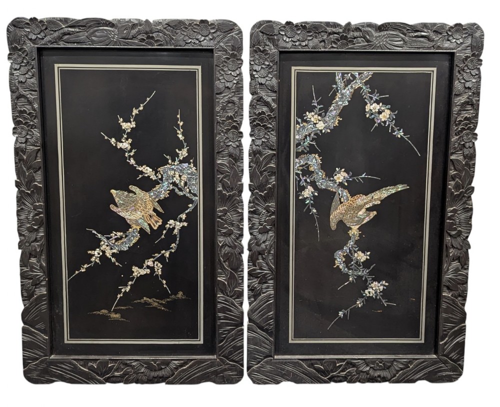 pair of chinese lacquered panels with mop and abalone inlay depicting birds in branches and foilage