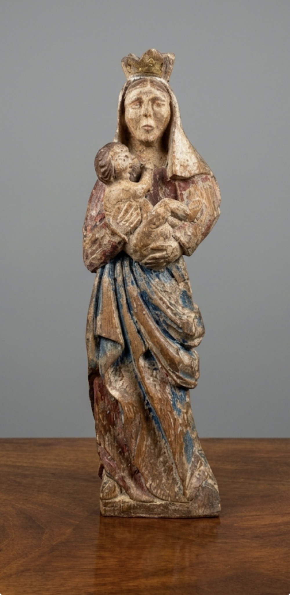 c18th carved wood painted figure of mary and jesus