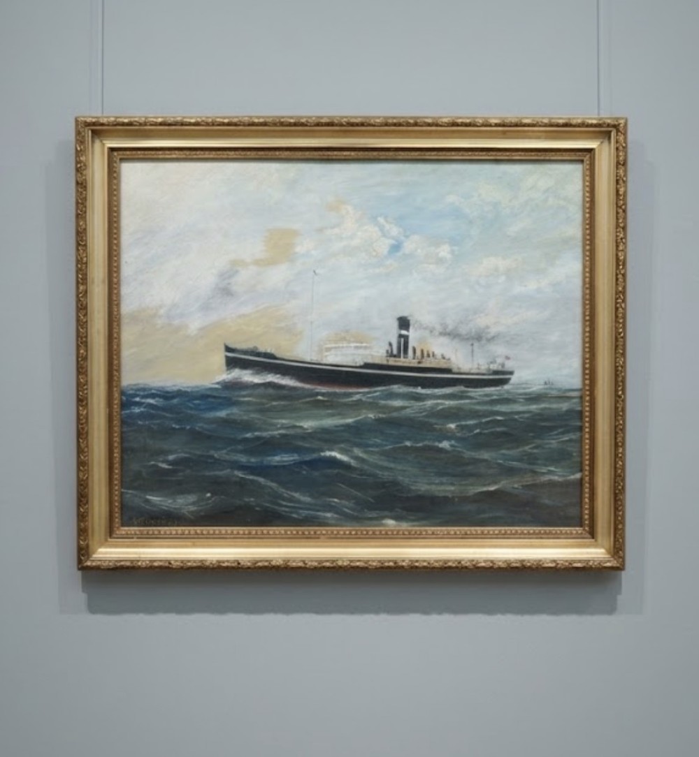 oil painting on board of a steamship